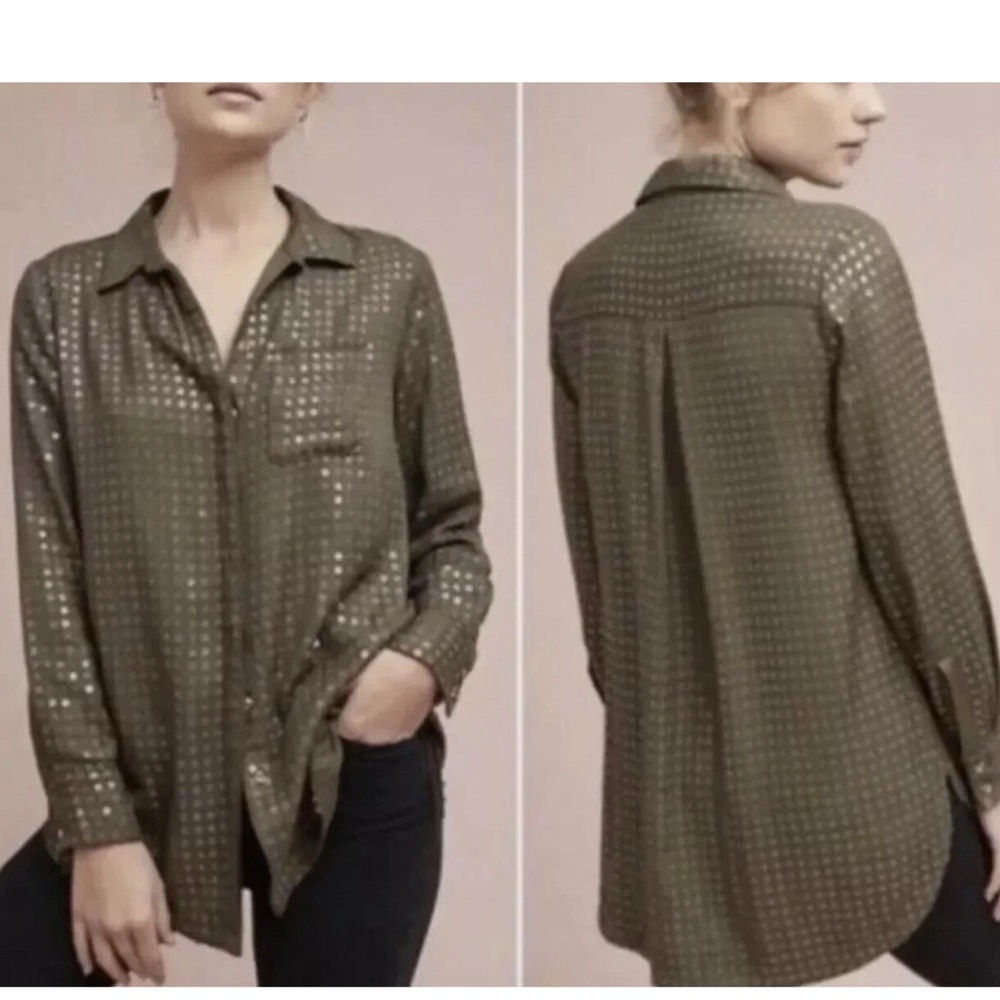 Maeve Brown Sequin button down blouse with front pocket. Size medium.